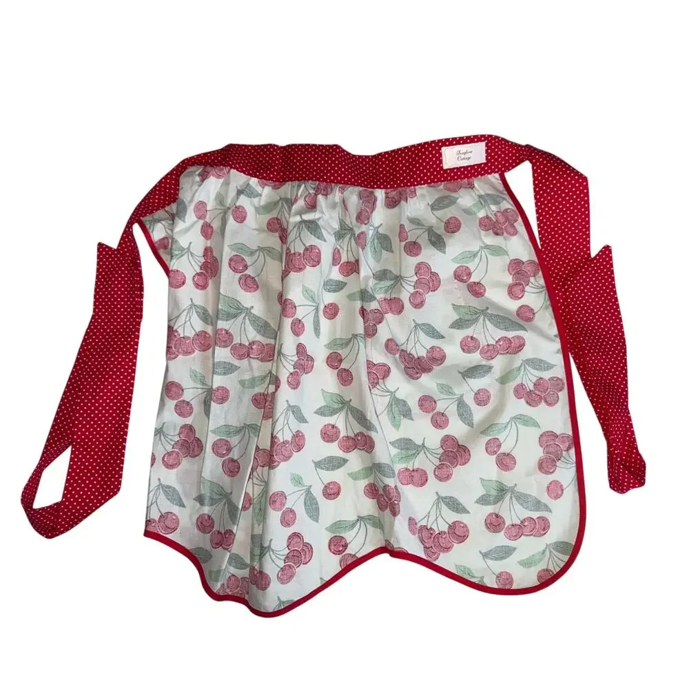 Foxglove Cottage Cherry Print Waist Apron White Red Retro Cottagecore Cottage